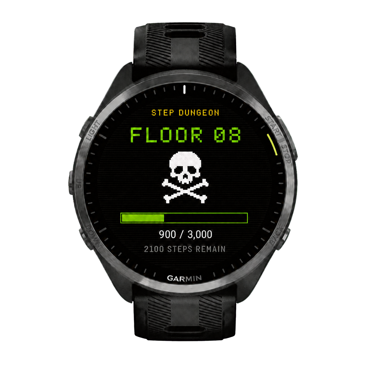 Garmin watch showing Step Dungeon floor gameplay